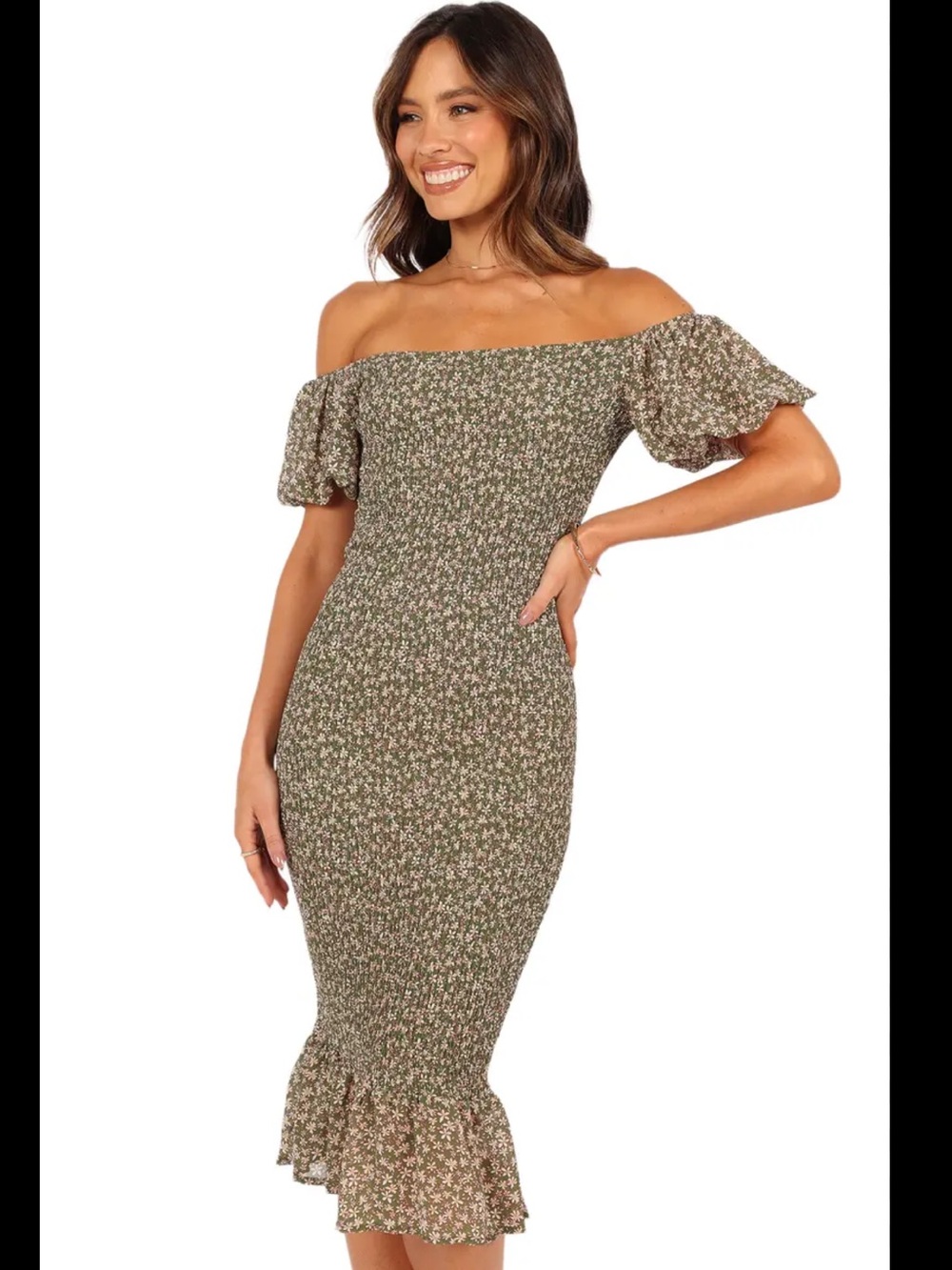 Petal & Pup Olive Floral Strapless Smocked Midi Dress